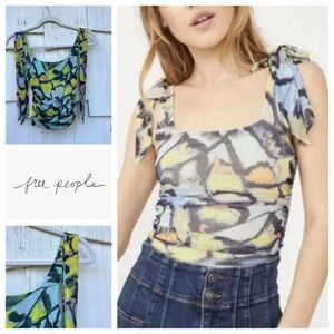 Free People Abstract‎ Print Ruched Mesh Tie Shoulder Tank Top XS